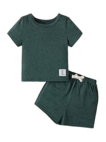 Makemechic Baby Boy's Casual Summer 2 Piece Outfits Letter Patched Short Sleeve Tee Shirt And Shorts Set Dark Green 9-12M #TOP5