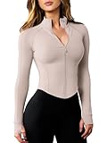 AVGO Athletic Sweaters for Women Zip Up Lightweight Cropped Running Workout Jackets Zip Slim Fit Athletic Tops(Almond,S)