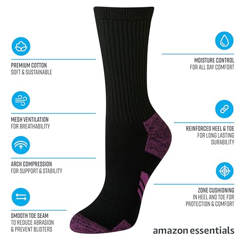 Amazon Essentials Women's Performance Cushioned Breathable Cotton Athletic Crew Sports Socks, 6 Pairs2