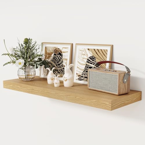 Image of Floating Shelves 36 Inch Long, 12 Inch Deep Floating Shelves for Wall, 36 x 12 Shelves for Wall Storage & Display, 2" Thick Floating Shelf for Bathroom, Living Room, Bedroom, Oak Color, Set of 1