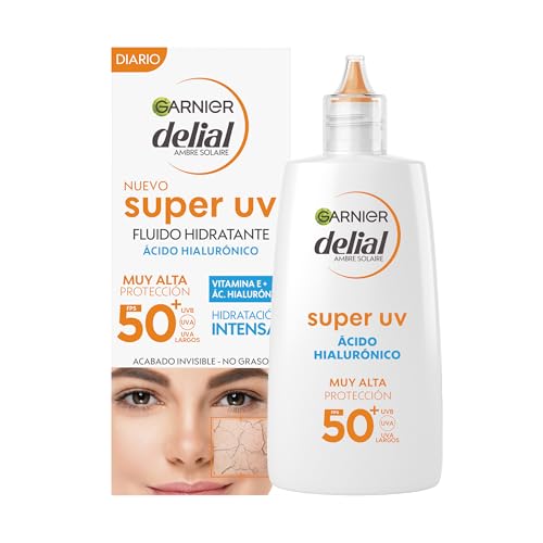 Garnier Delial Super UV Fluido Hidratante con [Ácido Hialurónico + Vitamina E]. Muy Alta Protección FPS 50+. Textura invisible. Sin picor en los ojos. No pegajoso, no graso e hipoalergénico. 40 ml