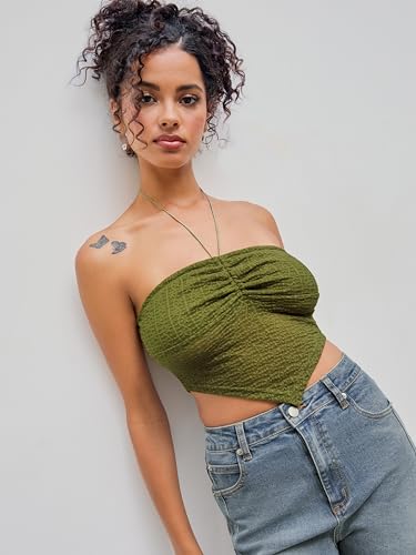 CIDER Halter Tops for Women Crochet Boho Backless Ruched Tie Back Vacation Beach Tank Crop Tops2