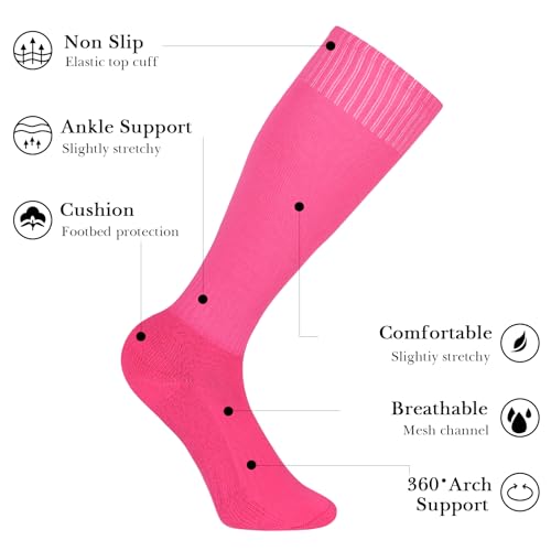 Linkidea 2 Pairs Knee High Pink Soccer Socks for Child Age 7-11, Kids Breathable Unisex Long Sleeve Sports Socks, Team Sport OTC Cushion Long Tube Socks (Pink)3