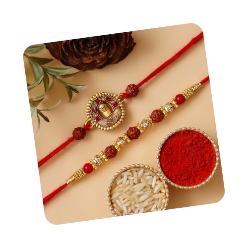 Image of eCraftIndia Set of 2 Light Blue Golden Premium Designer Rakhi for Brother Bhaiya Bhai | Roli Chawal Pack | Rakhi Combo