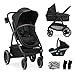 Mooiys Luca Kinderwagen 3 in 1 bis 22 kg Babywanne Autositz, Zusammenlegbar, Reise-System, Einstellung der Rückenlehne, Räder 360 Stoßdämpfer, Verdeck XXL, Schwarz