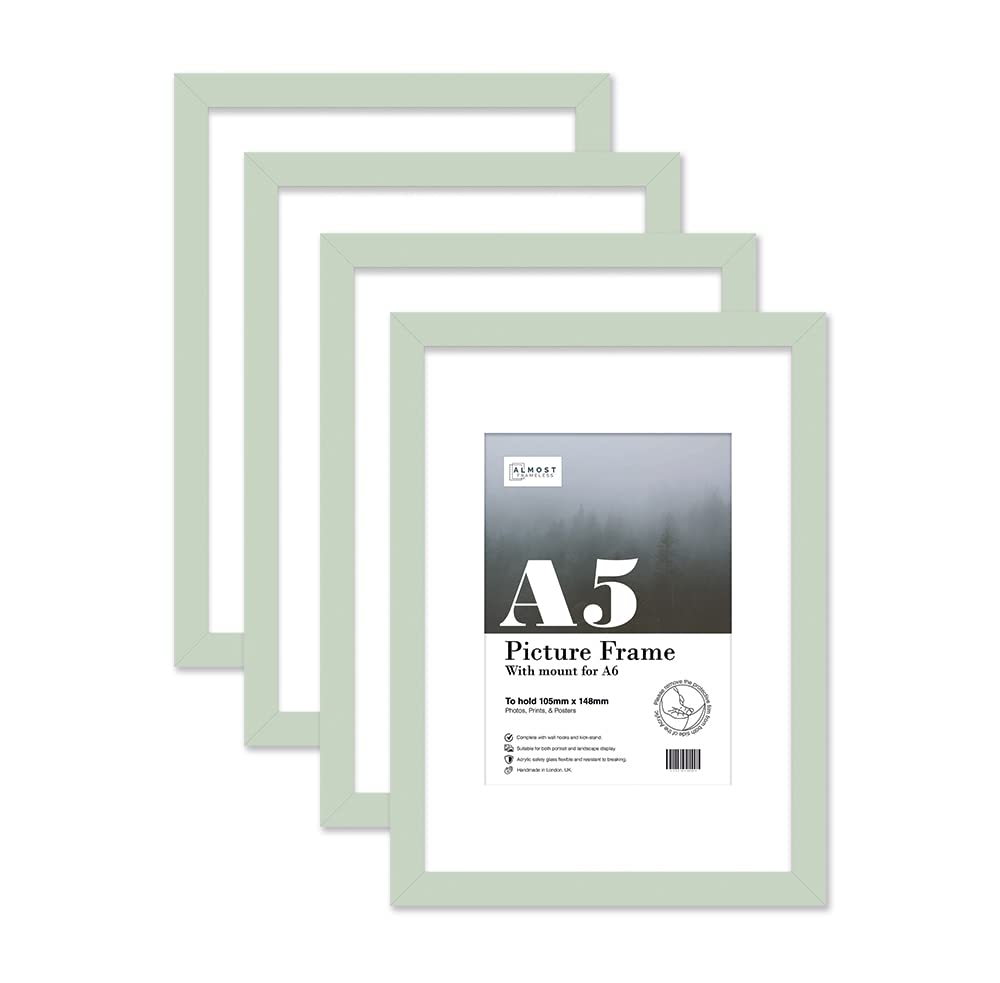 Almost Frameless A5 Mint Green Picture Frame Set of 4, Display A6 Pictures with Mount or A5 Without Mount Gallery Wall, Poster, Photo, Artwork, or Print, Mint Green