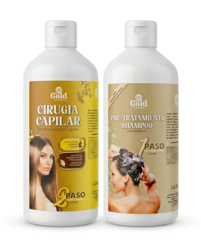 Gold DIAMOND – Kit de Alisado Brasileño Profesional Cirugía Capilar – Tratamiento de Keratina para Cabellos Teñidos, Decolorados y Dañados. (Kit Mediano, 500mL, Kit de Alisado)