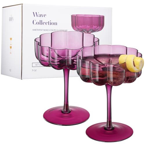 Khen Flower Vintage Wavy Glass Coupes Martini, Champagne & Cocktail Coupes - Set of 2-7oz Colorful Cocktail Glasses & Champagne, Prosecco, Mimosa Glassware Copyright Design - Amethyst Purple