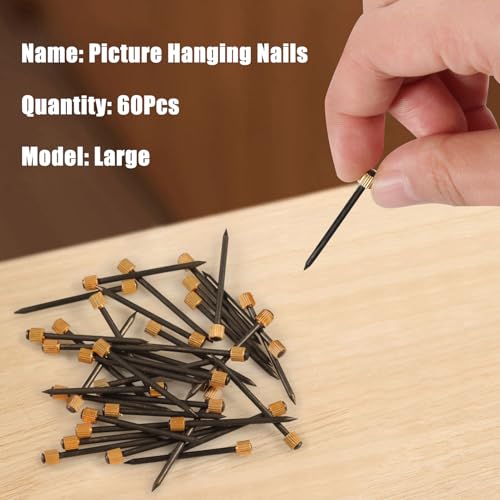 Image of SPEEDWOX 60 Pcs Picture Hangers Black Steel Nails and Brass Head Frame, Picture Hanging Nails for Hanging Picture Painting with Plastic Storage Box Holds Up to 5-30 lbs(Large)