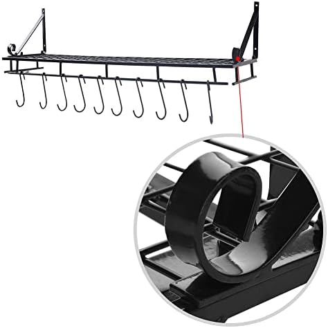 Dekaim Wall Mounted Pot Pan Rack, Hanging Kitchen Storage Organizer Wall Shelf Cookware Holder Rack with 10 Hooks, Black Metal, 90CM