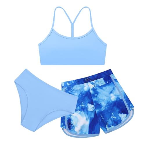 Image of Weixinbuy Girls 3 Piece Swimsuit Bathing Suits Solid Bikini Set with Printed Sports Shorts Swimwear for 9-16Y Teen Girls