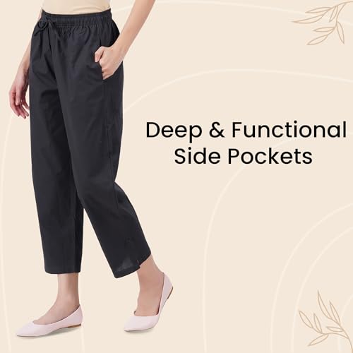 Image of Happy Bunny Parallel Pants for Women 100% Cotton Ankle Length Trousers Regular Fit with Elastic Drawstring Stylish & Pockets Casual Formal Wear for Office & Home