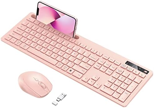 Wireless Keyboard and Mouse for MacBook, Vivefox Pink Rose Wireless Keyboard with Phone Holder, USB A & Type C Receiver, Full-Size Combo for Mac, MacBook/Air/Pro Windows PC Computer