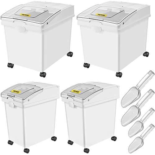 VEVOR Ingredient Bin, 10.5 Gallon and 6.6 Gallon Capacity Ingredient Storage Bin, PP Material Flour Bins On Wheels, White Shelf Ingredient Bin with Scoop, Commercial Storage Bins, 4 Pcs/Set