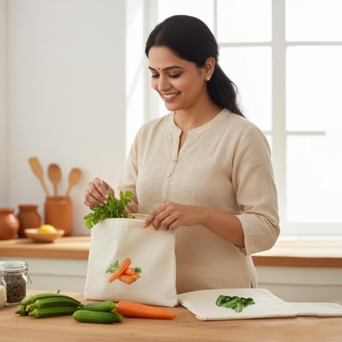 Image of Reusable Cotton Vegetable Storage Bags with Zipper Eco Friendly Washable Produce Bags for Fridge Kitchen Organizer Food Storage Pouches (Pack Of 30)