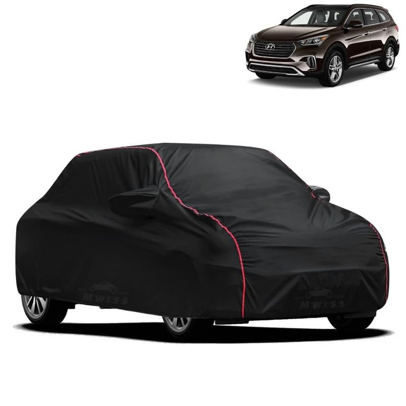Image of Waterproof Car Cover for Hyundai Santa Fe | All-Weather Protection, Dustproof & UV Resistant | Triple Stitched Mirror Pockets, Windproof Buckle Strap with Elastic Hem, Black-Red Piping