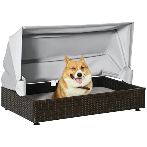 PawHut Rattan Dog Bed, Elevated Pet Sofa, Wicker Cat House, Indoor/Outdoor Use, for Garden Patio with Foldable Canopy, for Small or Medium-Sized Pets, Coffee