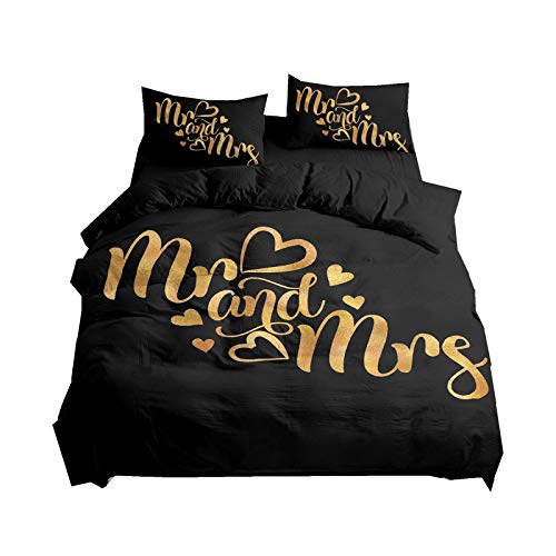 Ensemble de Literie Mr. et Mrs. Blanc Feuille Noir Marron Rose Couples Romantiques Mariage Amour Parure de Lit 2 Personnes Housse de Couette et Taie...