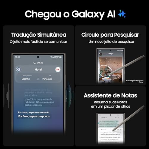 Smartphone Samsung Galaxy S24 Ultra, Galaxy AI, Selfie de 12MP, Tela de 6.8' 1-120Hz, 256GB, 12GB RAM - Titânio Cinza glide