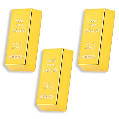 KEQAR 3 Stück Replik Goldbarren, Gefälschte Goldene Backstein, Plastikgoldbarren, Dekorative Requisite für Home Office Dekoration (Kunststoff)