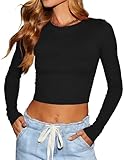 LACOZY Women' s Sexy Crew Neck Cropped Sweaters Ribbed Knit Long Sleeve Crop Tops Pullover Black L