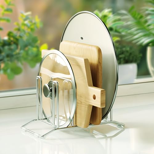 Pot Lid Organizer for Cabinet, Cutting Board Organizer and Rack, Stainless Steel Kitchen Storage Rack for Cutting Boards, Lids, and Utensils, Space-Saving Countertop Solution [1-Pack] Silver