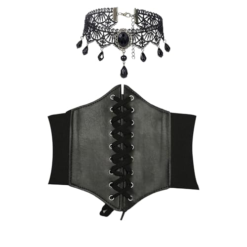 JOZMMZEOOA 2 Piezas Corset Mujer Negro,con 1 Encaje Collar Gótico Gargantillas Disfraz Pirata Mujer Vikinga Steampunk Women'S Corset Belt Vestido Pirata Vestido con Cintura Ajustable (Negro, Pretina)