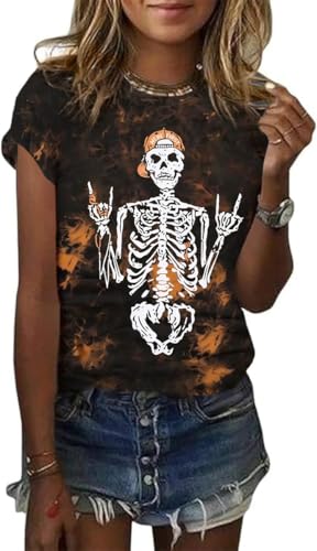 Nigbriz Women's Skull Graphic Halloween Crew Neck T-Shirt，Black-4Skull，XXL
