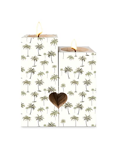 Green Palm Tree Candle Holders Set, Wooden Tealight Candle Holder Gifts For Women, Summer Plant Tropical Botanical Leaves Candlesticks Holder Decor For Wedding Dinning Party #TOP26