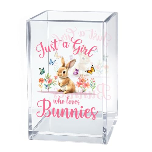 Image of Just A Girl Who Loves Bunnies Makeup Organizer Pen Holder for Desk | Bunny Makeup Organizer for Daughter Niece Sister Friend, Bunny Desk Accessories, Back to School Gift for Teacher Rabbit Lover