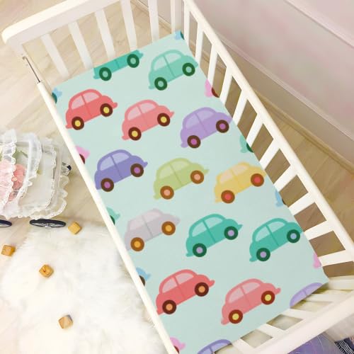 Image of Crib Sheet Breathable Soft Crib Mattress Sheet for Baby Toddler Boys Girls Fitted Pack n Play Crib Sheet Fit Standard Crib Mattress 39 x 27 Inch Cute Green Cars Colorful