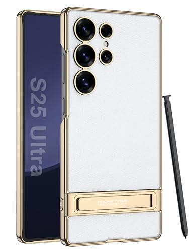 Image of BOUNCEBACK Electroplated Leatherette Back Case /Cover with Kick Stand for Samsung Galaxy S25 Ultra 5g - (White | Faux Leather)