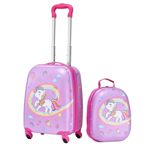 VEVOR Juego de Maletas para Niños 2 Piezas, Maleta de Cabina con Ruedas 45,7 cm Mochila de Carcasa Dura, Patrón Unicornio Rosado, Equipaje Infantil para Escuela Viaje Camping, Aprobado por Aerolíneas