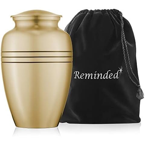 Reminded Adult Cremation Memorial Urn for Human Ashes, Gold with Black Stripe Brass Funeral Urn with Velvet Bag Cover