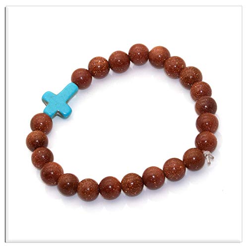 Image of Xusamss Fashion Religious Cross Bracelet 8mm Tiger Eye Turquoise Beads Elastic Bracelet,7 1 /2 wrist
