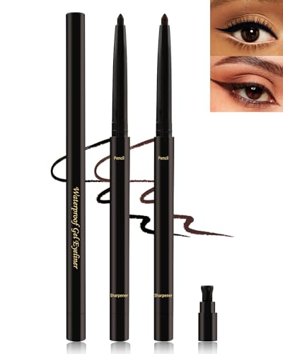 Black+Brown Gel Eyeliner for Older Women, Waterproof Smudge-Proof Retractable Eye Liner Pencil, Long Wear 24H, Matte Smooth Eyeliner Waterline with Sharpener for Mature Women Sensitive Eyes-2Pcs