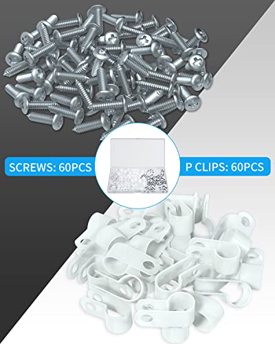 Image of Rope Light Mounting Clips - 60 Pack 1 /2 Inch P-Style Extension Cord Wall Clips with Stainless Steel Self Tapping Screws