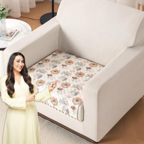 Image of HOKIPO Wildflower Breeze Quilted Sofa Cover Mat with Tassels for 1 Seater 'Tassel Twigs' Series (IN-982-T7)