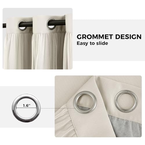 Image of 100% Blackout Curtains for Bedroom, Double Layer Beige Curtains, Black Out Curtain 90 inch Long with Sheer Overlay for Living Room, Room Darkening Window Drapes with Grommet, 52 inch W x 90 inch L