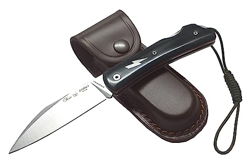 MIGUEL NIETO Navaja Storm 167-MF, Plegable, con hoja en acero inox. Böhler N690co de 8,5 cm. y empuñadura en Mikarta Negra pulida, Hueco con cordón fiador incluido, Funda de Cuero Marrón