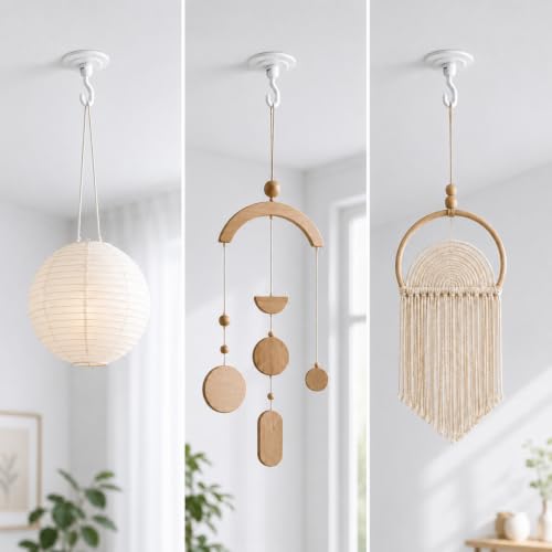 Image of Self Adhesive Wall and Ceiling Decor Hooks:4 Pack 3lb Heavy Duty No Drilling 360 Rotatable Adjustable Hanging Home Accent Lights Plants Wind Chimes Compatible with 3M Command