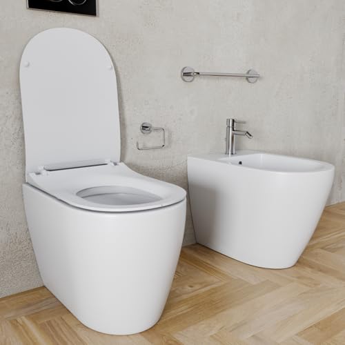 Coppia Sanitari Filomuro Filo Muro Filo Parete Vaso WC E Bidet Design Moderno In Ceramica Con Copriwater Chiusura Soft Close Chiusura Rallentata (Bianco Opaco)