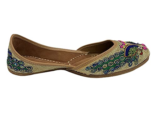 Image of Punjabi Jutti Flats for Women,Multicolor Peacock Design Shoes Bohemian Sandles,Handmade Indian Beaded Trad