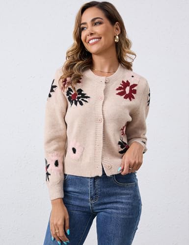 Cardigan Sweaters for Women Cropped Button Down Sweater Long Sleeve Crew Neck Knit Floral Print Outwear3