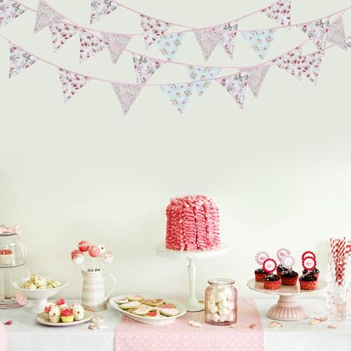 Image of Zwiebeco 32Ft Vintage Pink Blue Floral Fabric Bunting Triangle Flags Cotton Retro Flowers Pennant Banner Party Decorations for Birthday Wedding Engagement Spring Rustic Village Home Garden Decor