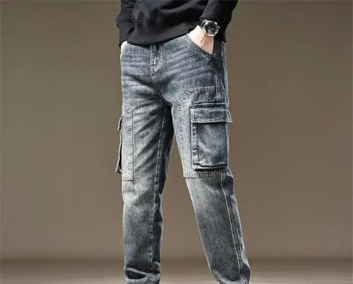 Men Straight Jeans with Cargo Pockets Korean Street Style Fashion Trousers Casual Denim Pants2