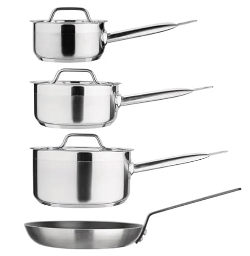 Stalwart 5-Piece Cookware Set, Stainless Steel Pan Set, Induction Compatible, Industrial Grade, with Lids 14/16/18/20cm Pans + Frypan