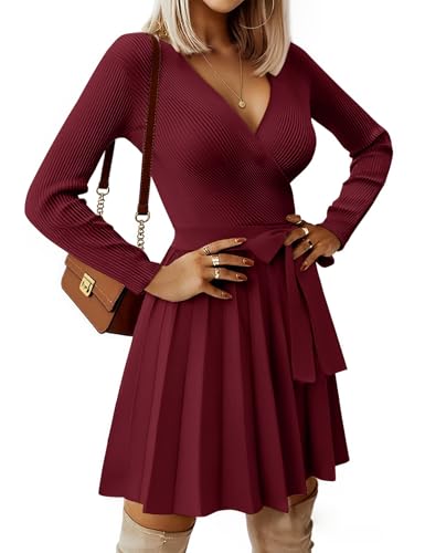 heekpek Strickkleid Damen Herbst Pulloverkleid Elegantes Kleid Damen Langarm V-Ausschnitt Winterkleider Warme Herbstkleider A Linien Minikleid mit...