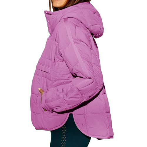 Trendy Hot Pink Quilted Pullover Puffer Jacket with Pockets – Lightweight Hooded Winter Coat for Women by Kubbon - Image 2