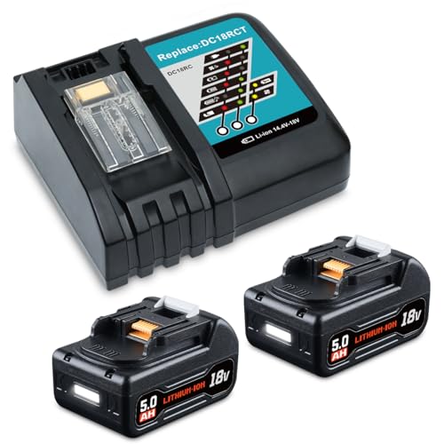 2X 5,0Ah BL1850B Ersatzakku für Makita Akku 18V mit Ladegerät DC18RC Kompatibel mit BL1860B BL1840B BL1830B BL1820B BL1815N Werkzeugakku